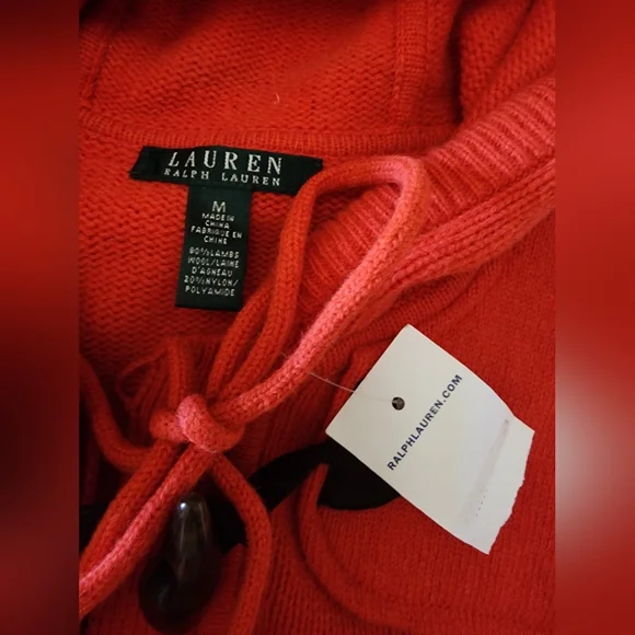 $249 NWT Lauren Ralph Lauren Knit Coat Lambs Wool Hooded Orange